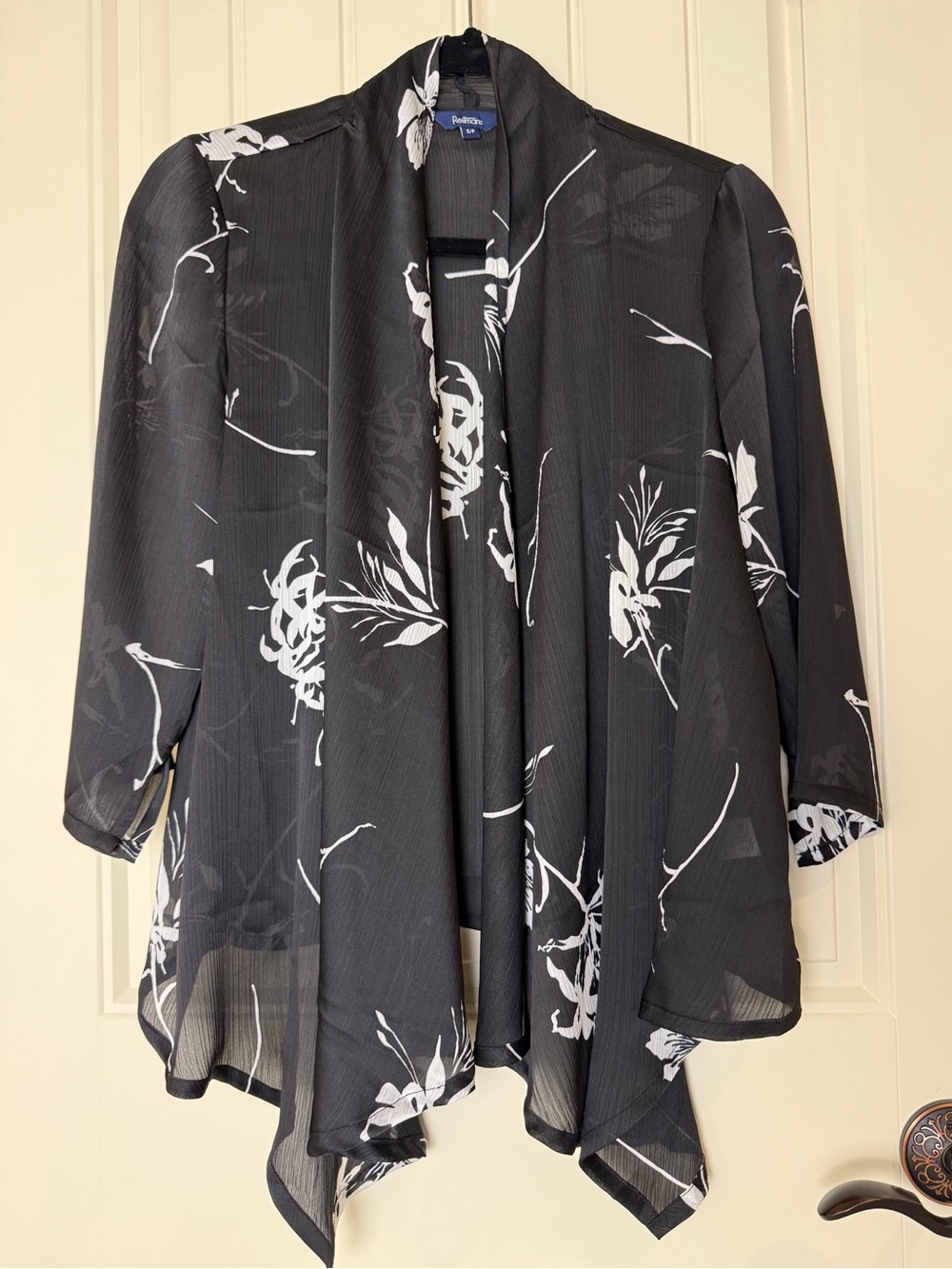 Reitmans Women's Open Front Jacket Sz S Black White Sheer Asymmetrical Layering